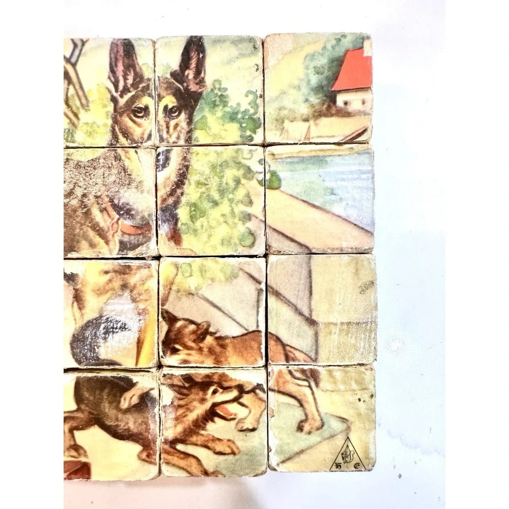 Vintage Farmhouse Wooden Picture Blocks Puzzle Chicken Horse Kitten‎ Cottagecore